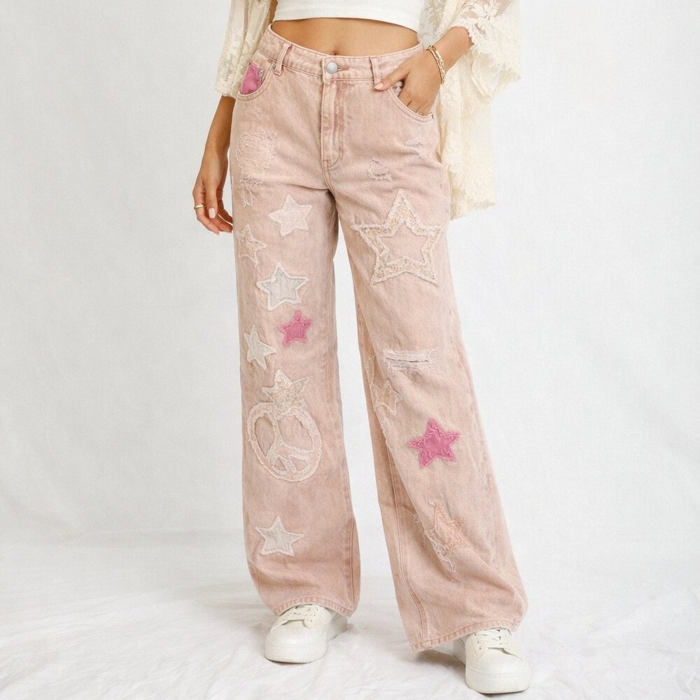 Oli & Hali Pink Denim Wide Leg Jeans Patchwork Peace Sign Star Distressed Boho L